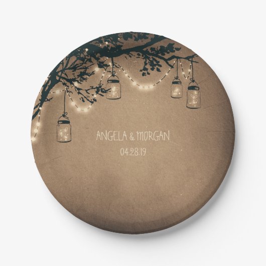 Rustieke Mason Jar Lights Boom Bruiloft Papieren Bordje (Voorkant)