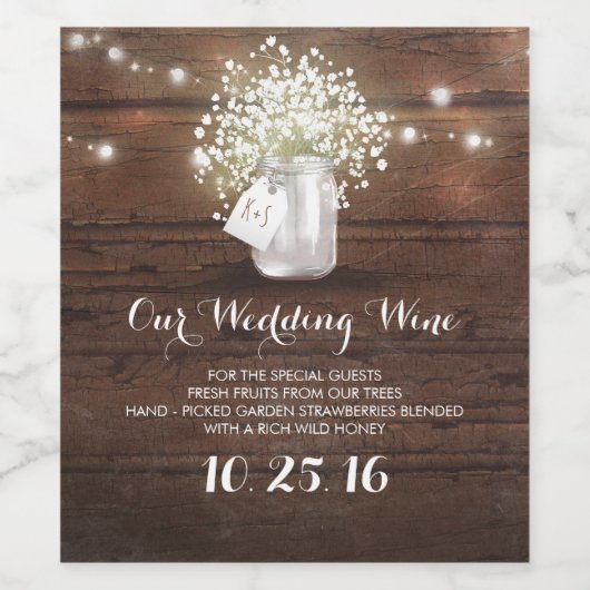 Rustieke Mason Jar Lights en Baby's Breath Barn Wijn Etiket (Enkel label)