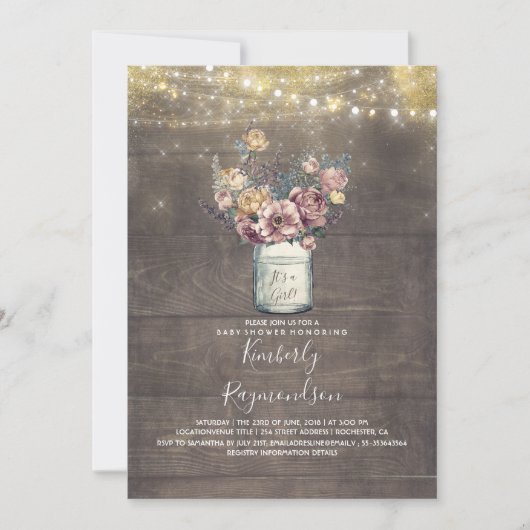Rustieke Mason Jar Mauve en Goud Baby shower Kaart (Voorkant)