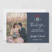 Rustieke mason jar monogram navy blauwe foto bruil bedankkaart (Voorkant)