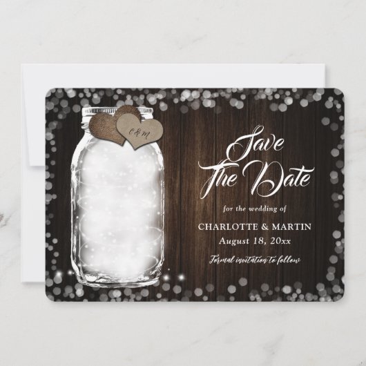 Rustieke Mason Jar String Lights Schuur Hout Huwel Save The Date (Voorkant)