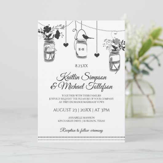 Rustieke Mason Jar Wood Kraft bruiloft uitnodiging (Staand voorkant)