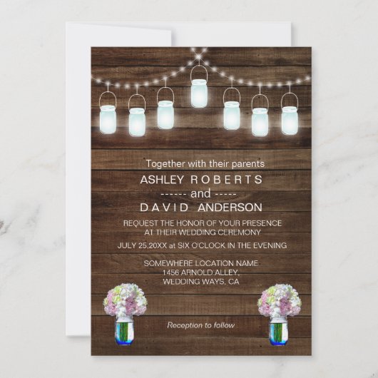 Rustieke Mason Jars String Lights Eenvoudige bruil Kaart (Voorkant)