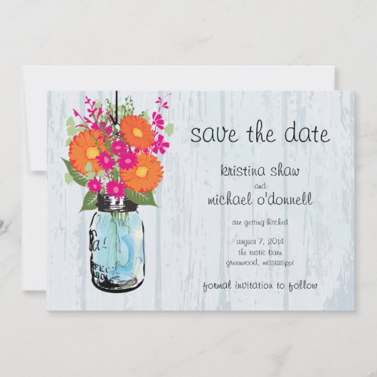 Rustieke Mason Pot Gerber Madeliefjes Bewaar de Da Save The Date (Voorkant)