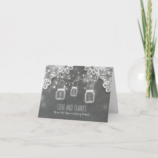 Rustieke Mason Pot Lichten en Kant Trouw Dank Je Bedankkaart (Voorkant)