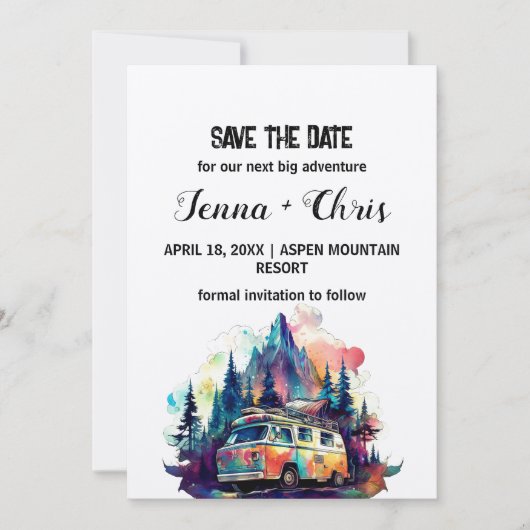 Rustieke Maximalist Camper Mountain Save the Date Kaart (Voorkant)