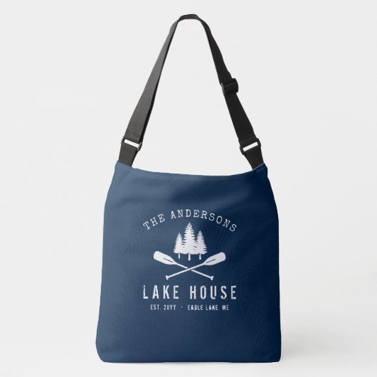 Rustieke meerhuis familienaam boot roeispanen bome crossbody tas (Voorkant)