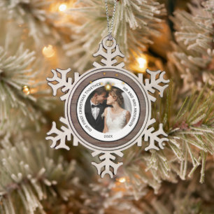 rustieke meneer en mevrouw eerste kerstmis samen tin sneeuwvlok ornament