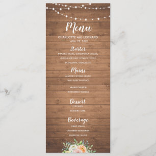 Rustieke menukaart met houten snaarlampen bloemen