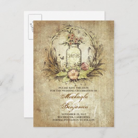 Rustieke metselaar pot  save the date briefkaarten (Voorkant / Achterkant)