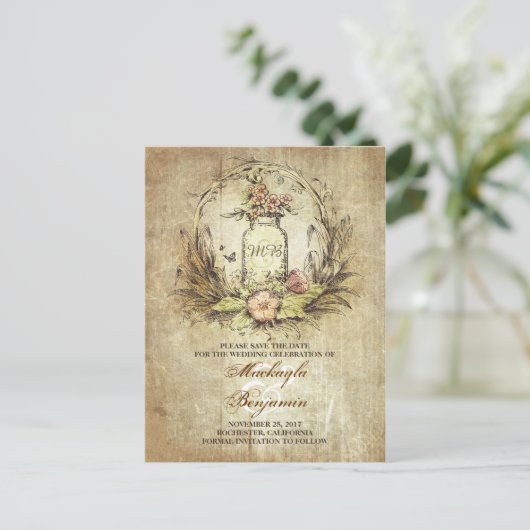 Rustieke metselaar pot save the date briefkaarten (Staand voorkant)