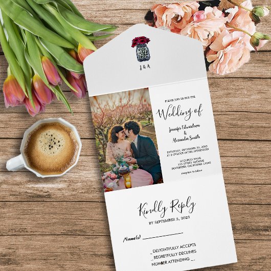Rustieke metselaarpot monogrammed foto Bruiloft All In One Uitnodiging