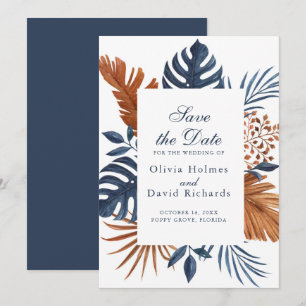 Rustieke Midnight Blue Monstera Save the Date Kaar