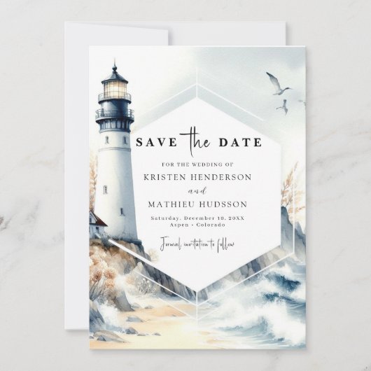 Rustieke Minimal Ocean Lighthouse bruiloft Save The Date (Voorkant)
