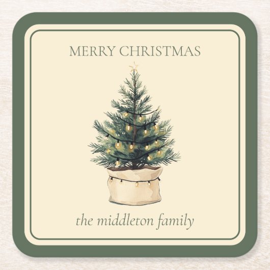 Rustieke minimale kerstboom vierkante kartonnen onderzetter (Voorkant)