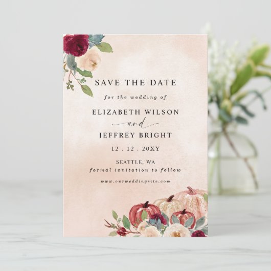 Rustieke Moderne Pompoenen Country Fall Bruiloft Save The Date (Staand voorkant)