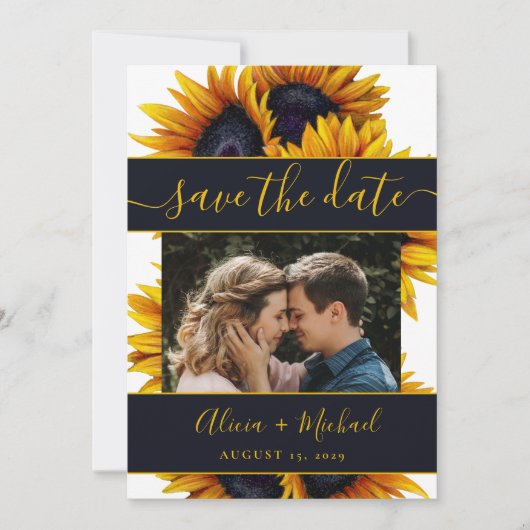 Rustieke moderne zonnebloemen chique script trouwf save the date (Voorkant)