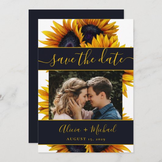 Rustieke moderne zonnebloemen chique script trouwf save the date (Voorkant / Achterkant)