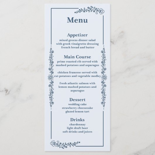 Rustieke monochrome bloemenbruiloft menu (Voorkant)