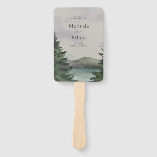 Rustieke Mountain & Lake Evergreen huwelijksprogra Handwaaier (Voorkant)