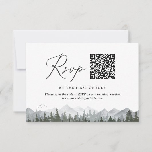 Rustieke Mountain Pine Tree Bruiloft QR-code RSVP Kaartje (Voorkant)