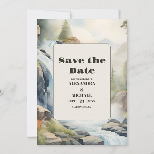 Rustieke Mountain Waterfall Boho Bruiloft Save The Date (Voorkant)