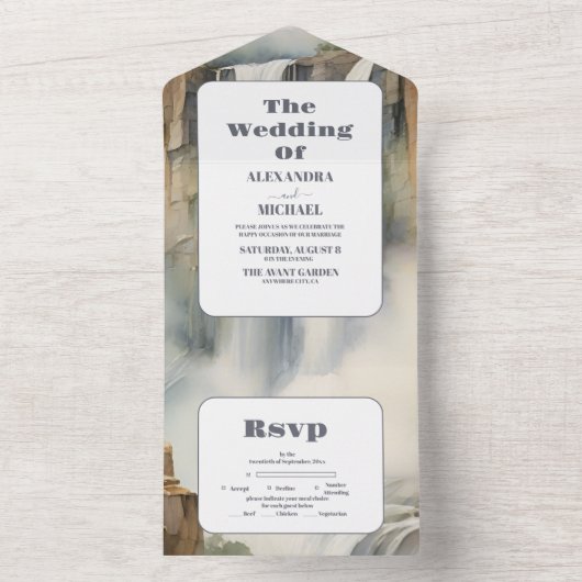 Rustieke Mountain Waterfall Bruiloft All In One Uitnodiging (Binnen)