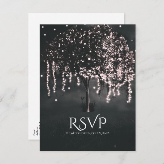 Rustieke nacht Mossy Tree Lights Bruiloft RSVP Uitnodiging Briefkaart (Voorkant / Achterkant)
