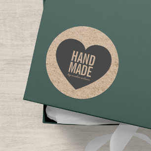 Rustieke namaak-kraft en grijze handgemaakte hartj ronde sticker