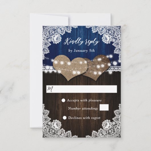 Rustieke Navy Blauw Hout Burlap Kant Bruiloft RSVP Kaartje (Voorkant)