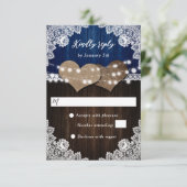 Rustieke Navy Blauw Hout Burlap Kant Bruiloft RSVP Kaartje (Staand voorkant)