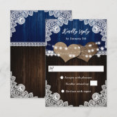 Rustieke Navy Blauw Hout Burlap Kant Bruiloft RSVP Kaartje (Voorkant / Achterkant)
