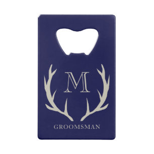 Rustieke Navy Blauwe Geweihoudende Aangepaste Brui Kredietkaart Flessenopener