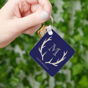 Rustieke Navy Blauwe Geweihoudende Aangepaste Brui Sleutelhanger