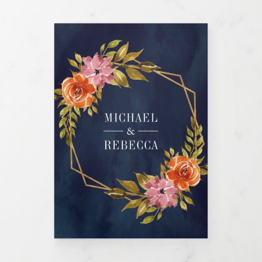 Rustieke Navy Blue Burnt Sinaasappel Bloemen Lijst Drieluik Uitnodiging (Cover)