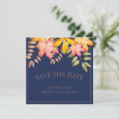 Rustieke Navy Blue Herfst herfst bladeren bruiloft Save The Date (Staand voorkant)