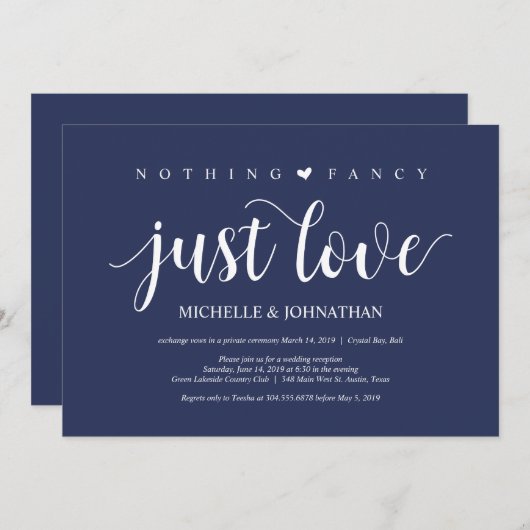 Rustieke Navy Blue Trouw Elopement Ontvangst Kaart (Voorkant / Achterkant)