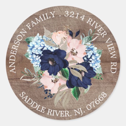 Rustieke Navy & Blush Bloem Adres Label Sticker (Voorkant)