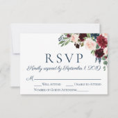 Rustieke Navy en Marsala Bloemen Bruiloft RSVP Kaa (Voorkant)