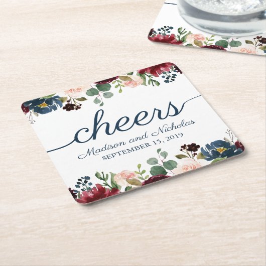 Rustieke Navy Marsala Bloemen Trouwpapier Onderzet Vierkante Kartonnen Onderzetter (Schuin)