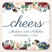 Rustieke Navy Marsala Bloemen Trouwpapier Onderzet Vierkante Kartonnen Onderzetter (Voorkant)