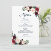 Rustieke Navy Marsala Bloemenbruiloft Menu Kaarten (Staand voorkant)