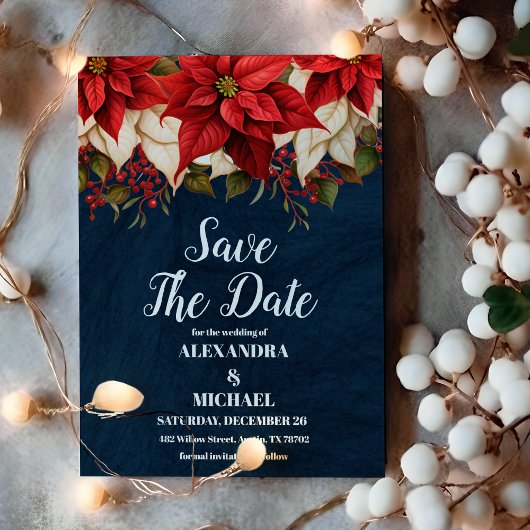 Rustieke Navy Poinsettia Bloemen Kerstbruiloft Save The Date