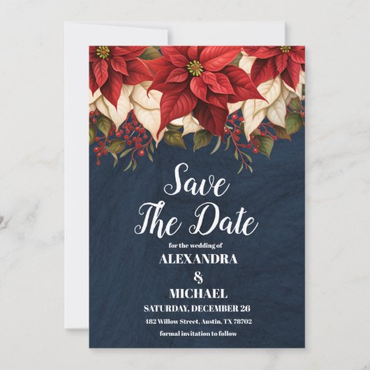 Rustieke Navy Poinsettia Bloemen Kerstbruiloft Save The Date (Voorkant)