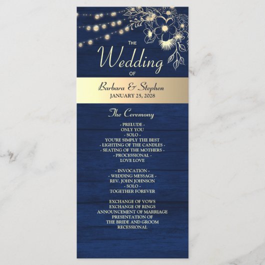 Rustieke Navy Slingerlichten Trouwprogramma Programma (Voorkant)