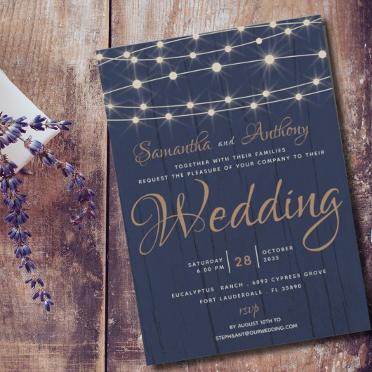 Rustieke Navy String Lights bruiloft uitnodiging