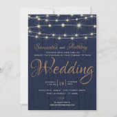 Rustieke Navy String Lights bruiloft uitnodiging (Voorkant)