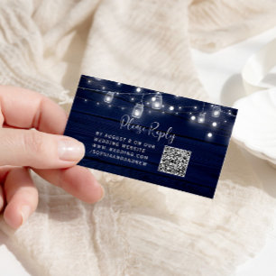 Rustieke Navy Wood Mason Jars Lights Bruiloft QR R Informatiekaartje