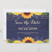 Rustieke Navy Wood String Lights Zonnebloem bruilo Save The Date (Voorkant)