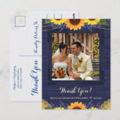 Rustieke Navy Wood Zonnebloem Bruiloft Dank u Foto Briefkaart (Voorkant / Achterkant)